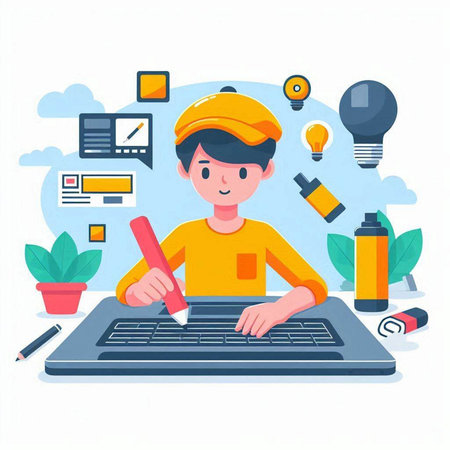 Vector illustration of young man working on laptop. Flat style design.のイラスト素材