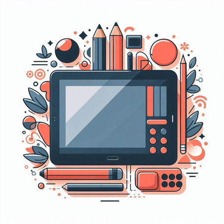 Colorful vector illustration with graphic tablet, pencils, eraser, eraser and other stationery objects.のイラスト素材