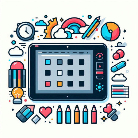 Vector line art illustration of tablet computer with social media icons. Modern linear style design for web, site, advertising and print.のイラスト素材