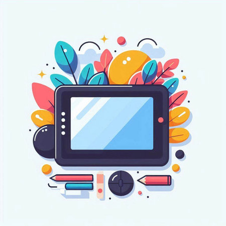 Graphic tablet with colorful design elements. Vector illustration in flat styleのイラスト素材