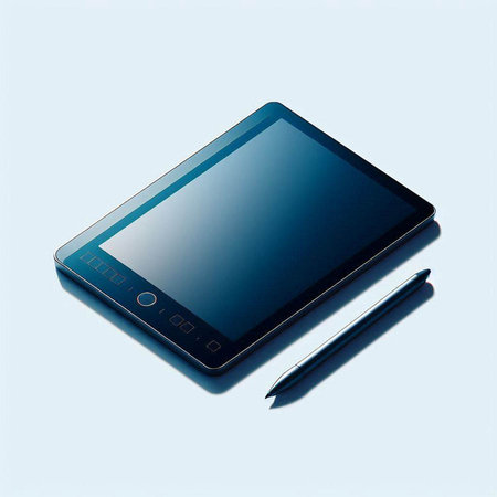 Tablet computer and pencil on a blue background. 3d renderingのイラスト素材