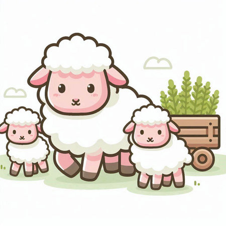 Sheep and lambs on white background. Vector illustration of cute cartoon sheep.のイラスト素材