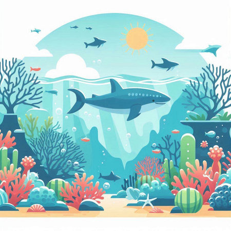 Underwater landscape with fish, corals and shark. Vector illustration.のイラスト素材