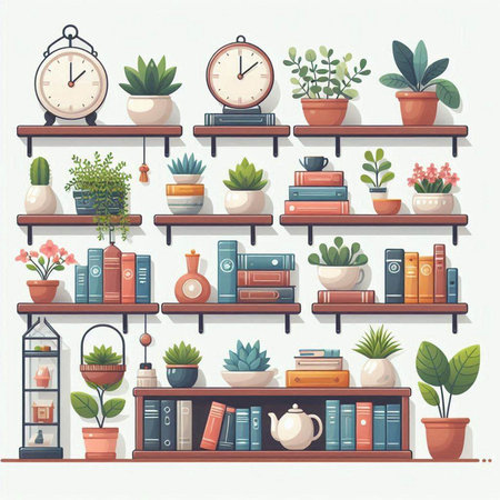 Vector illustration of bookshelves with home plants and alarm clock.のイラスト素材