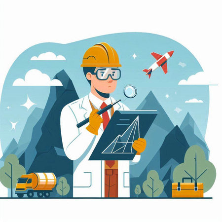 Engineer with a magnifying glass. Vector illustration in flat styleのイラスト素材