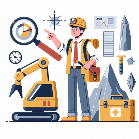 Engineer with equipment and tools. Vector illustration in cartoon style.のイラスト素材