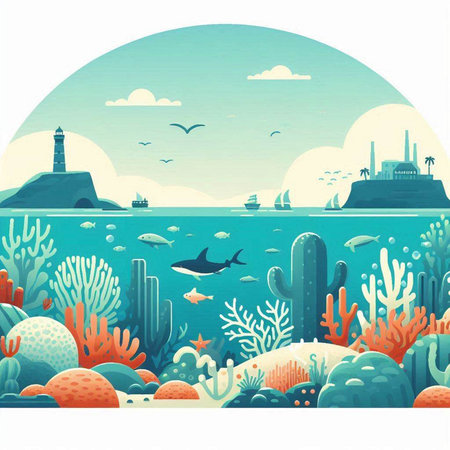 Underwater landscape with corals, fish and lighthouse. Vector illustration.のイラスト素材
