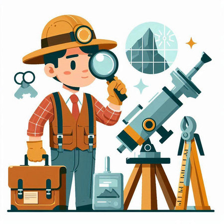 Scientist or engineer with a magnifying glass. Vector illustration.のイラスト素材