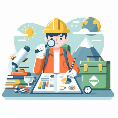 Vector illustration of a male engineer with a magnifying glass in his hand. Flat style design.のイラスト素材