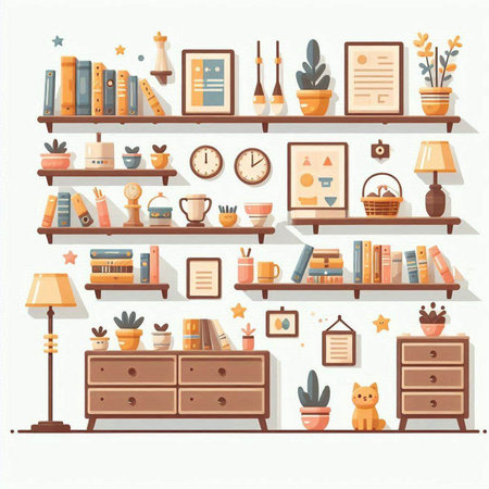 Bookshelf with books and accessories. Vector illustration in flat styleのイラスト素材
