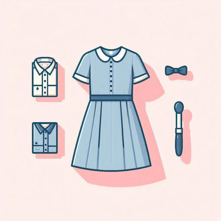Illustration of a set of women's clothes and accessories on a pink backgroundのイラスト素材