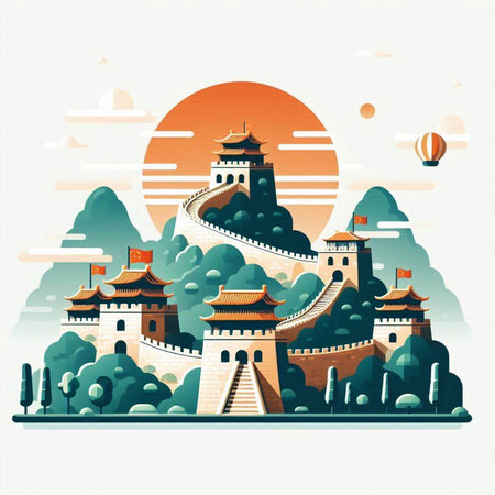 Chinese ancient city. Vector illustration in flat design style. Landscape with ancient buildings, pagodas and towers.のイラスト素材