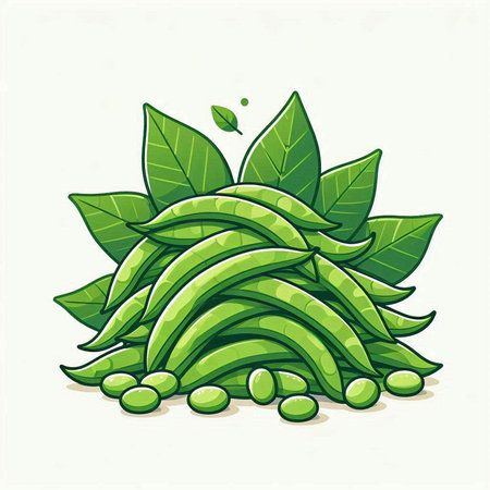 Green beans with leaves isolated on a white background. Vector illustration.のイラスト素材