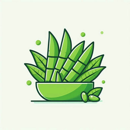 Green bamboo leaves in a bowl. Vector illustration, flat design.のイラスト素材