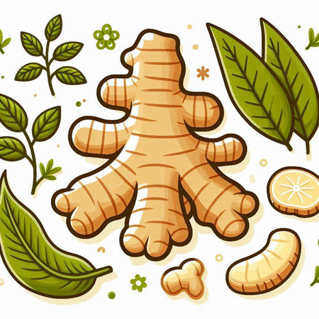 Ginger root and leaves. Vector illustration of a ginger root.のイラスト素材
