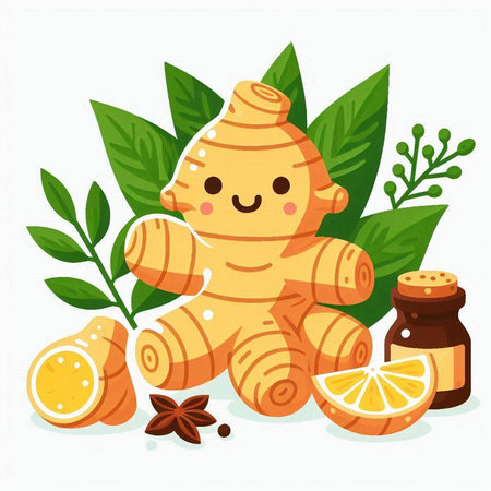 Ginger vector illustration. Ginger root, lemon, honey, leaves.のイラスト素材