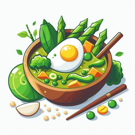 Cartoon illustration of a bowl of green vegetable soup with egg.のイラスト素材