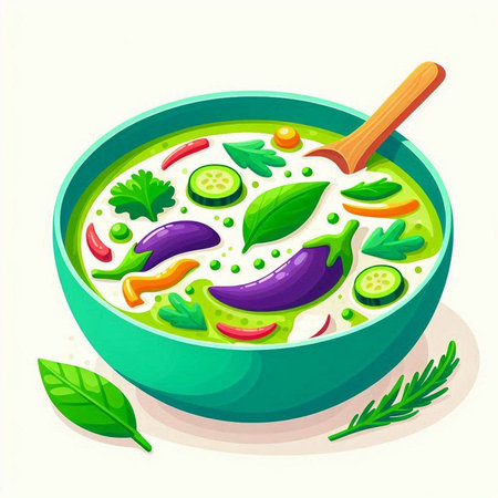 Vegetable soup in bowl with spoon. Cartoon vector illustration.のイラスト素材
