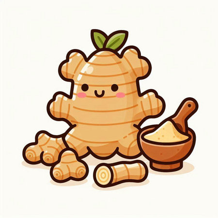 Cute ginger character with powder. Vector illustration of ginger root in cartoon style.のイラスト素材