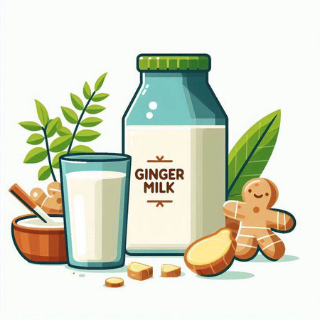 Ginger milk in a glass with ginger and ginger root. Vector illustration.のイラスト素材