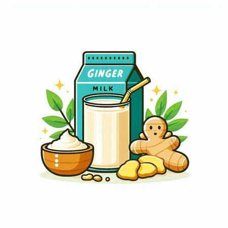 Ginger milk in a glass and ingredients. Vector illustration on white background.のイラスト素材