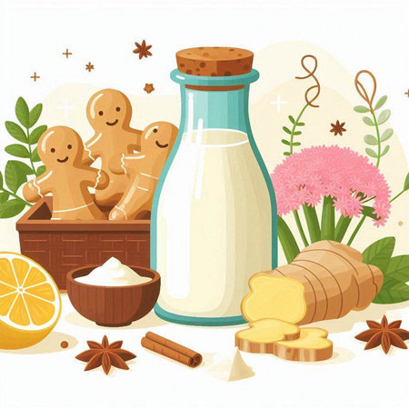 Ginger milk, ginger root, lemon and spices. Vector illustration.のイラスト素材