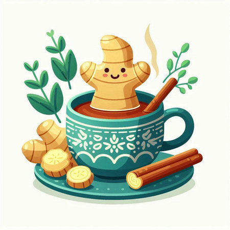 Cup of hot tea with ginger and cinnamon. Vector illustration.のイラスト素材