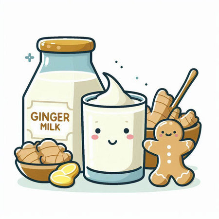 Cute vector illustration of a glass of milk and gingerbread cookiesのイラスト素材