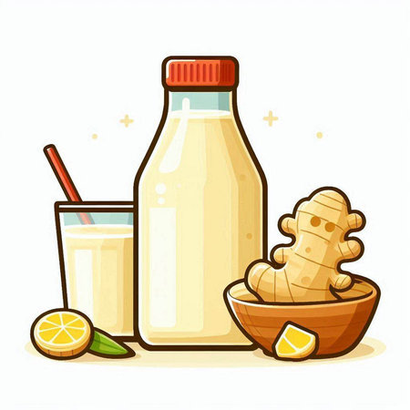 Illustration of a bottle of ginger milk and ingredients on a white backgroundのイラスト素材