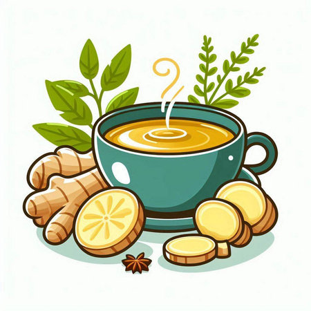 Cup of ginger tea with lemon and leaves. Vector illustration.のイラスト素材