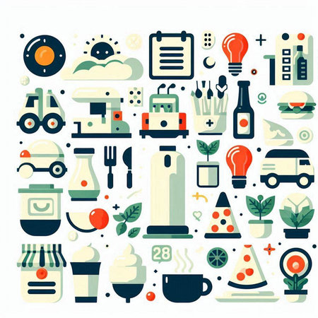 Food and drink icons set in flat style. Food and beverage symbols collection.のイラスト素材