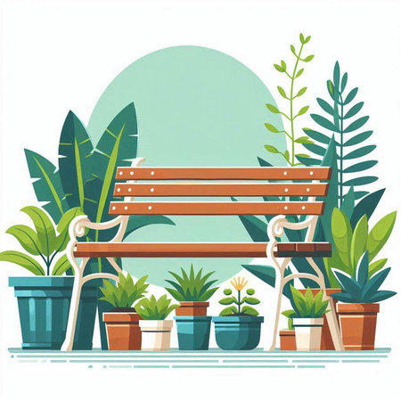 Vector illustration of a park bench with plants in pots on a white backgroundのイラスト素材