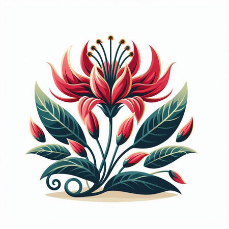 Beautiful red flower with green leaves isolated on white background. Vector illustration.のイラスト素材