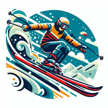Skiing vector illustration. Skiing on the mountains. Winter sport.のイラスト素材