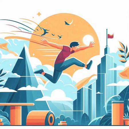 Businessman flying in the sky over the city. Vector illustration.のイラスト素材