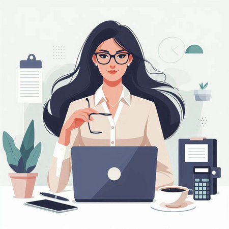 Vector illustration of a young businesswoman working with laptop at office.のイラスト素材