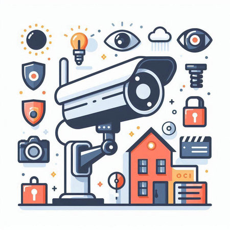 Vector illustration of security camera on white background. Line art design for web, site, advertising, banner, poster and print.のイラスト素材