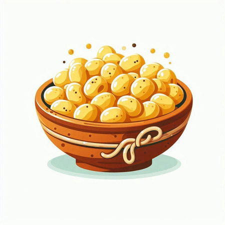 Potatoes in a clay bowl. Vector illustration on white background.のイラスト素材