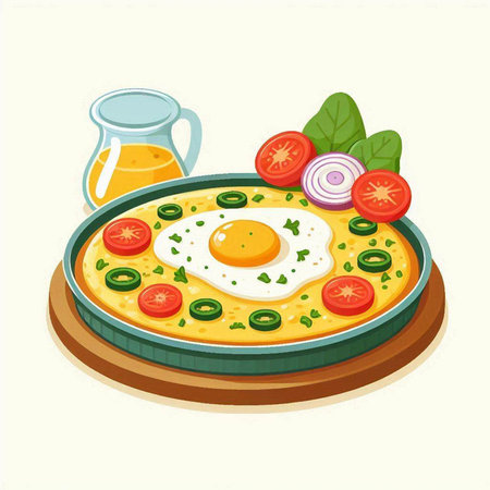 Illustration of a fried egg in a frying pan with vegetables and sauceのイラスト素材