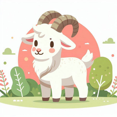 Goat in the garden. Cute cartoon character. Vector illustration.のイラスト素材
