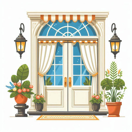 Vector illustration of a vintage wooden door with awning, flowers in pots and lanterns.のイラスト素材