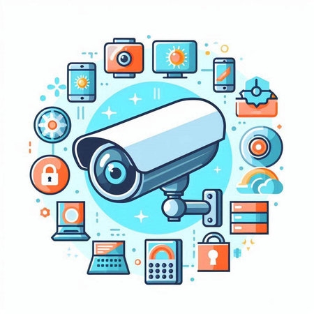 CCTV security camera round concept. Vector illustration in thin line styleのイラスト素材