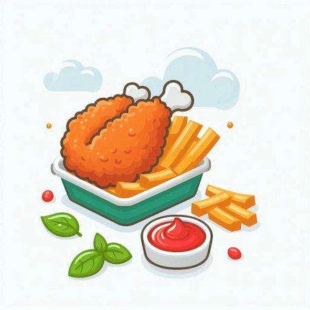 Illustration of fried chicken with french fries, ketchup and basilのイラスト素材