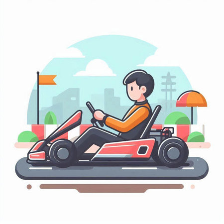 Young man driving a car on the road. Vector illustration in flat styleのイラスト素材