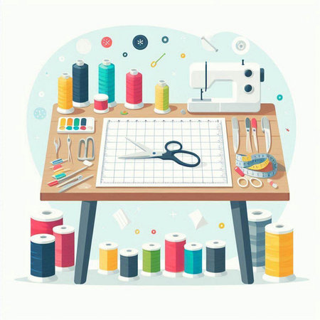 Sewing tools and equipment. Sewing machine, thread, scissors, pins, tape measure, fabric, measuring tape.のイラスト素材
