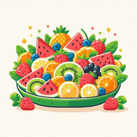Fruit salad in a plate. Vector illustration. Healthy food.のイラスト素材