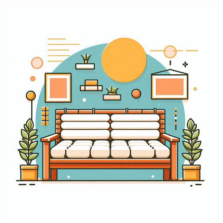 Modern flat design interior of living room with furniture, sofa, coffee table, books, plants and other things. Vector illustration.のイラスト素材