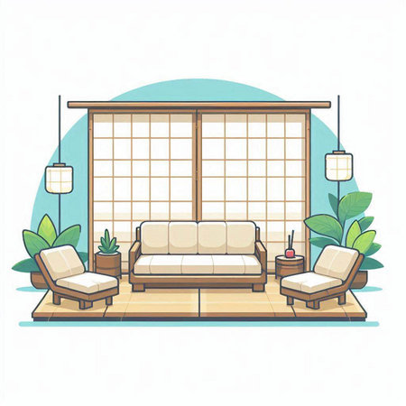 Living room with sofa, armchairs, coffee table and plant. Flat style vector illustration.のイラスト素材