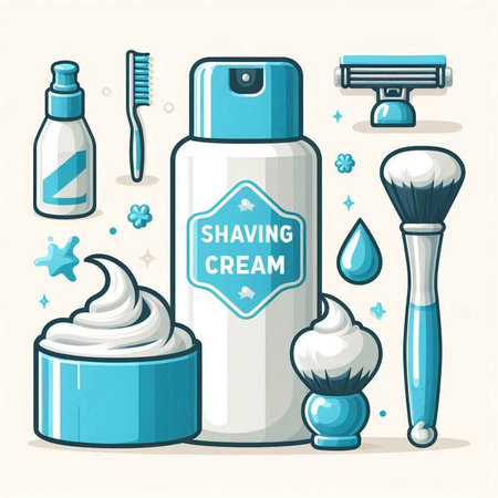 Shaving gel products. Shaving cream, shampoo, foam, brush. Vector illustrationのイラスト素材