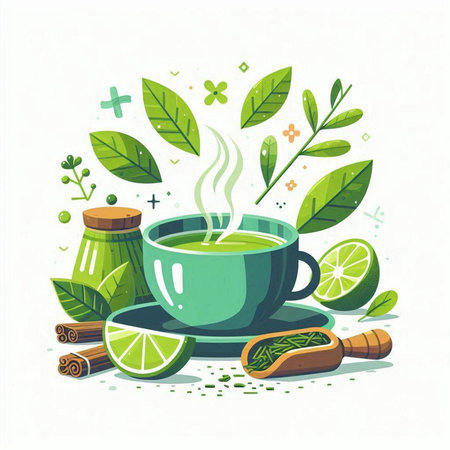 Green tea with mint leaves, cinnamon sticks and lime. Vector illustration.のイラスト素材